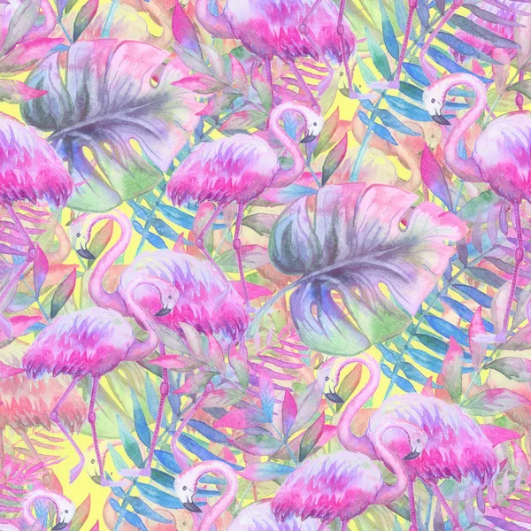 Aquarell tropischen nahtlosen Blumenmuster. bunten Farbhintergrund. lila, rosa und grün. Blumenmischung — Stockfoto