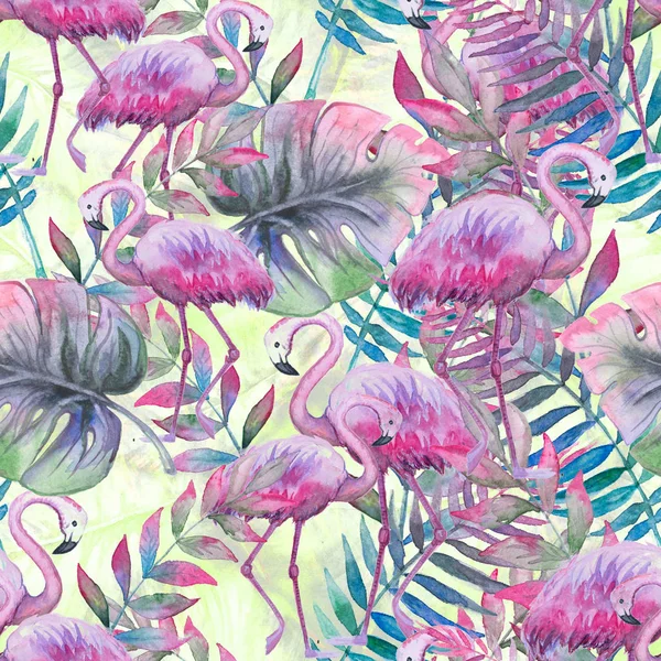 Watercolor tropical seamless floral pattern. Colorful paint background. Purple, pink and green texture. Floral mix artwork