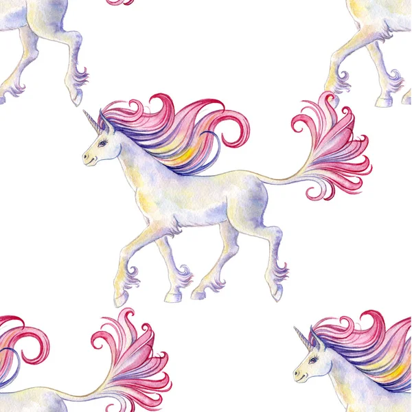 Seamless watercolor background with unicorn on white background — Stock Photo, Image