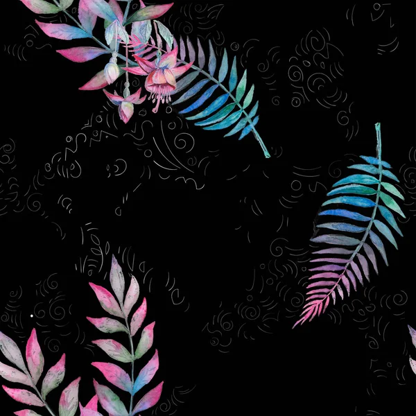 Тропический бесшовный цветочный узор с акварельными пальмовыми листьями на черном фоне. Фиолетовая, розовая и зеленая текстура. Цветочная смесь — стоковое фото
