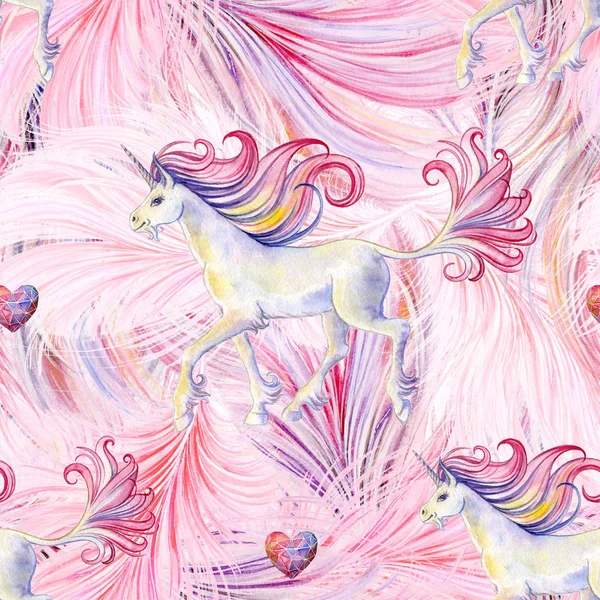 Безшовна текстура з чарівними єдинорогами на фоні ніжного рожевого пір'я. Акварельний принт — стокове фото