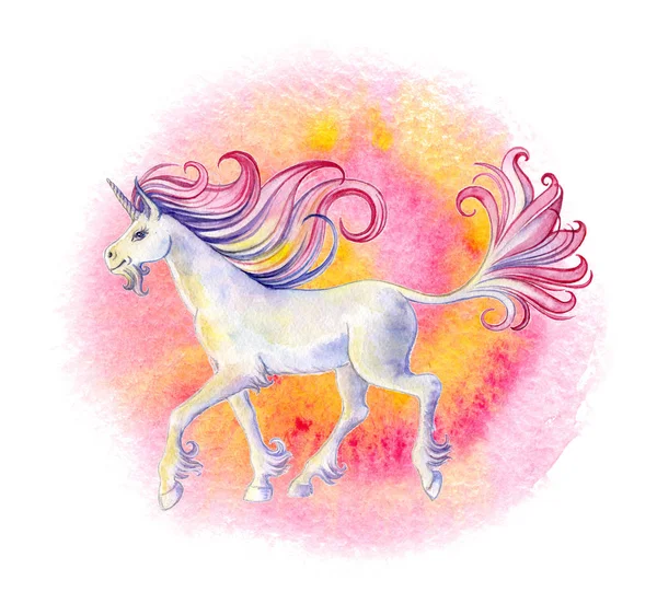 Walking unicorn with flowing mane and tail against of a spiral pink background. hand drawn watercolor illustration — Stockfoto