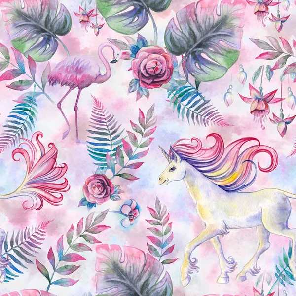 Textura sem costura aquarela com flamingos rosa, unicórnios e folhas de plantas tropicais em um fundo rosa claro — Fotografia de Stock