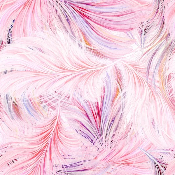 Pastel-colored seamless feather pattern. Seamless glamor background with light pink watercolor feathers of bird. Repeating texture