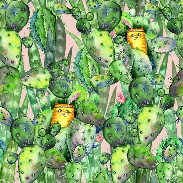 Aquarell nahtlose Textur mit roten Katzen, die sich zwischen blühenden Kakteen und tropischen Blättern verstecken. Aquarelldruck für Kinderstoffe und Geschenkpapier im niedlichen Boho-Stil — Stockfoto