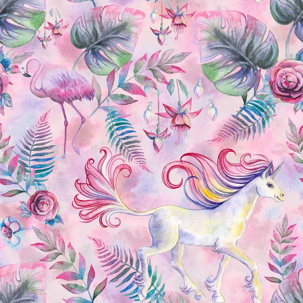 Watercolor seamless texture with pink flamingos, unicorns and leaves of tropical plants on a pink background — Stock Image Watercolor seamless texture with pink flamingos, unicorns and leaves of tropical plants on a pink background Stock Image