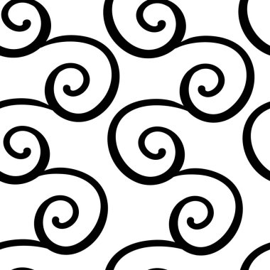 Beyaz üzerine siyah girdap süsleri olan kusursuz bir desen. Davetiyeler ve kartlar için arka plan. Düğün, doğum günü. Siyah beyaz