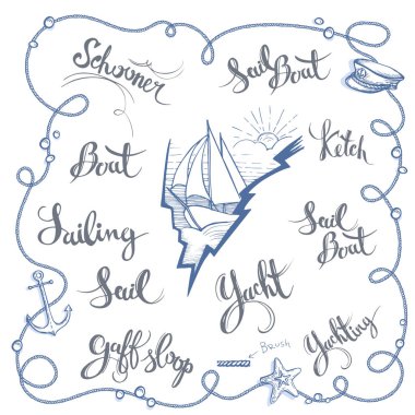 Vector frame from a hand-drawn rope for decoration of a postcard or publication on a marine theme. Hand-written lettering on the topic of sailing. Harvesting brush from a rope.