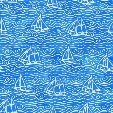 Basit stilize dalgalar ve el yapımı yelkenli teknelerin vektörsüz deseni