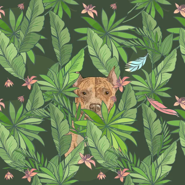 Modèle sans couture avec chien rouge mignon, feuilles tropicales et fleurs. Illustration vectorielle. Eléments de design pour impressions, cartes, affiches, emballages de produits, branding — Image vectorielle