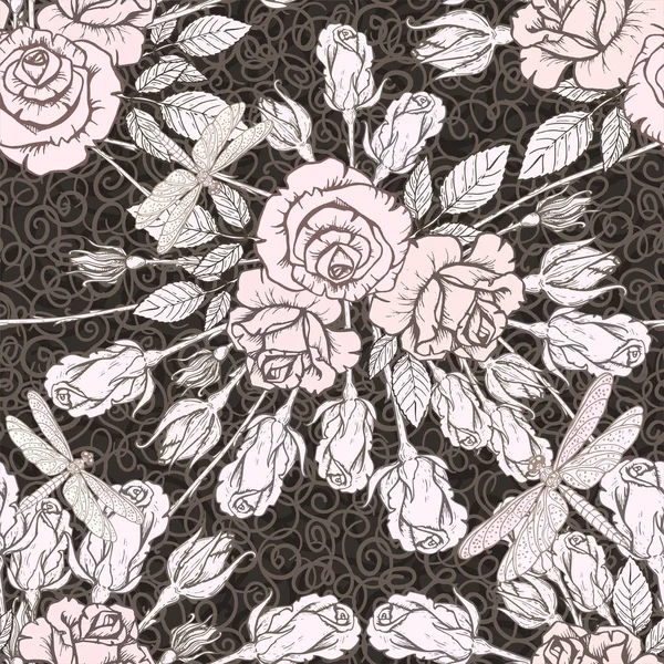 Textura sin costura vectorial con rosas dibujadas a mano sobre fondo oscuro — Vector de stock