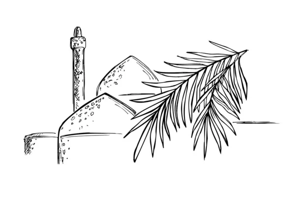 Esboço preto e branco desenhado à mão sobre o tema da Pérsia. Um ramo de tamareira no fundo das cúpulas da mesquita e do minarete. Ilustração vetorial —  Vetores de Stock