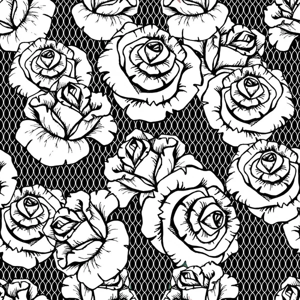 Patrón floral. Fondo sin costuras flor. Rosas ornamentales en blanco y negro rosas de jardín — Vector de stock