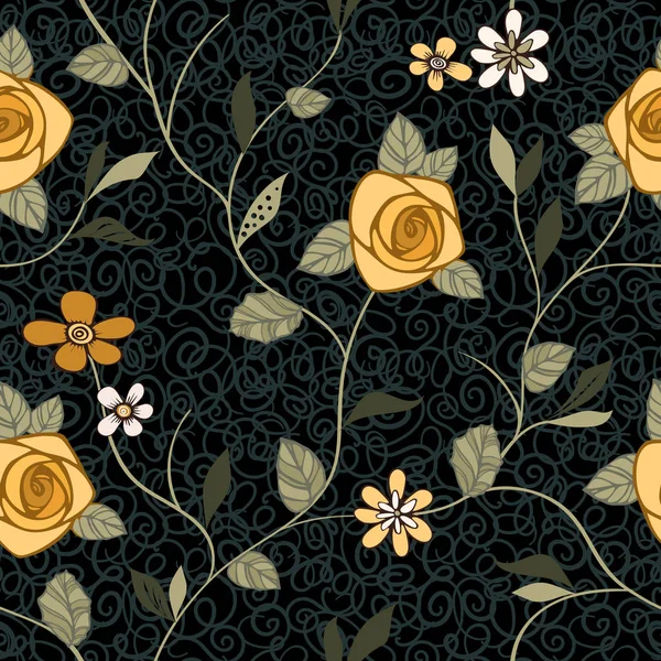 Vector vintage sem costura padrão com rosas estilizadas e flores abstratas em um fundo escuro — Vetor de Stock