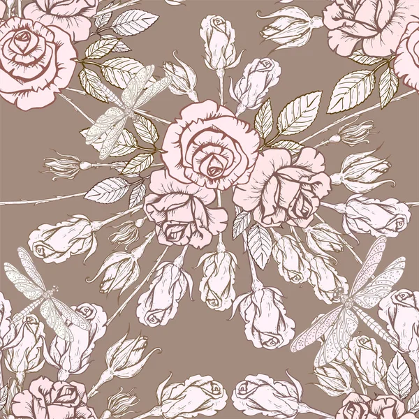 Textura sin costura vectorial con rosas dibujadas a mano sobre fondo oscuro — Vector de stock