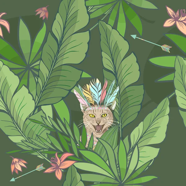 Patrón sin costuras con lindo gato gritando o maullando en un tocado de plumas escondido entre hojas tropicales. Ilustración vectorial. Elementos de diseño para impresiones, tarjetas, carteles, envases de productos, branding — Vector de stock