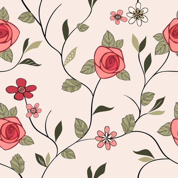 Vector vintage naadloos patroon met gestileerde rozen en abstracte bloemen op een crème achtergrond — Stockvector