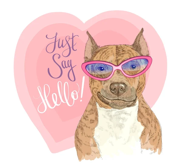 Handgeschnitzter lächelnder Hund in pinkfarbener Brille und Schriftzug Inspiration jast say hello. Druck für T-Shirts, Poster, Taschen und Cover — Stockvektor