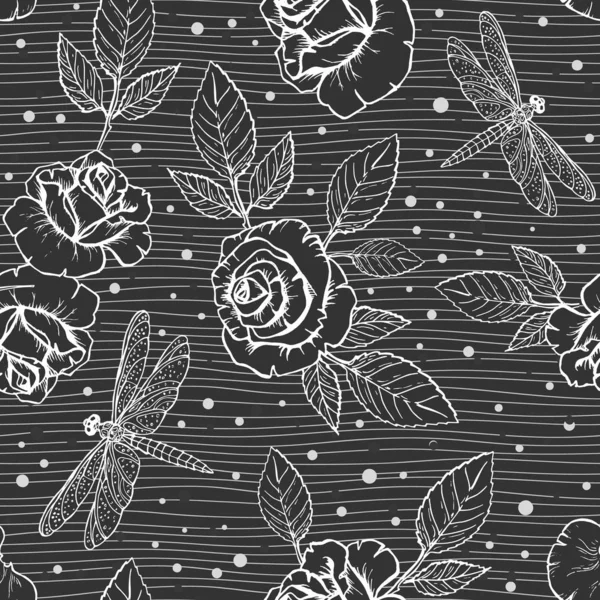 Vector Floral patrón sin costuras con rosas dibujadas a mano de tinta y libélulas para su diseño sobre un fondo de rayas oscuras — Vector de stock