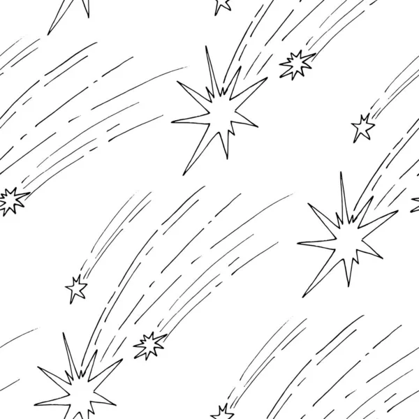 Чорно-білий простір Безшовний візерунок. Повторювана текстура з намальованими руками зірками та метеоритами. Векторне чорнило Дудл Дитячий фон. Готовий годинник включено до файла — стоковий вектор