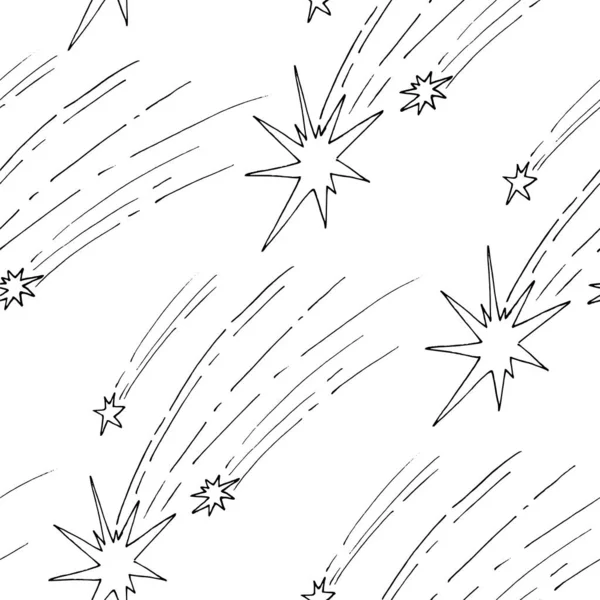 Modèle sans couture de l'espace noir et blanc. Texture répétitive avec étoiles dessinées à la main et météores. Encre vectorielle Doodle Baby Background. Prêt Swatch inclus dans le fichier — Image vectorielle