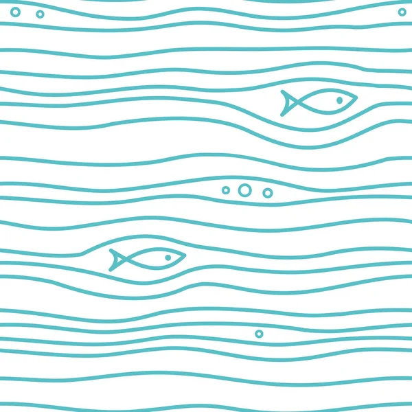 无缝隙的简单图案,蓝鱼纯朴,背景为白色波浪. 矢量简单的海上打印. — 图库矢量图片
