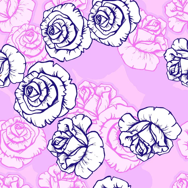 Padrão com flores de rosa em um fundo roxo escuro. Fundo floral vintage simples. Ornamento com flores azul-claro e rosa Ilustração vetorial sem costura —  Vetores de Stock