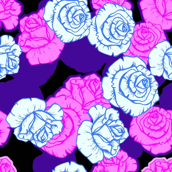 짙은 자주색 배경에 장미꽃이 피는 무늬. 단순 한 빈티지 꽃 배경. 파랗고 핑크 색 꽃들 이 미끈미끈 한 벡터 일러스트로 장식된 장식 — 스톡 벡터