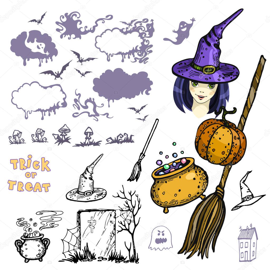 holiday set of vector images with witchs cauldrons and ghosts