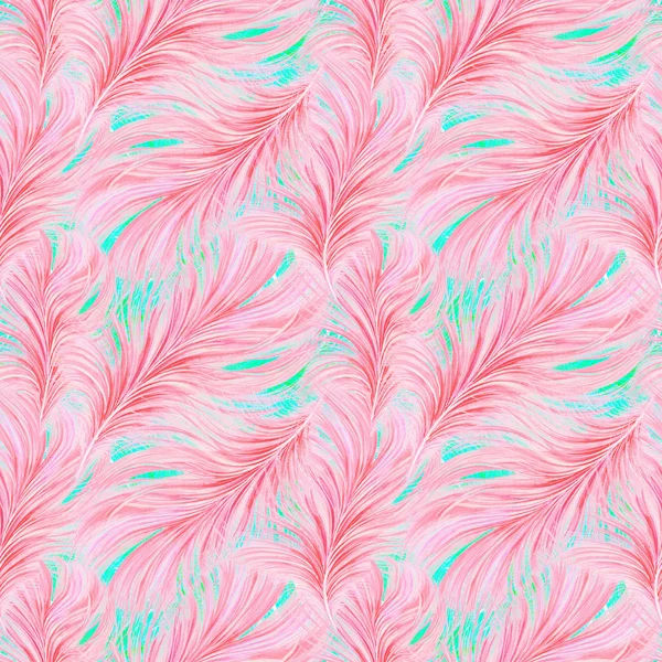 Seamless watercolor texture with red-pink feathers on a blue background — Stock Photo, Image
