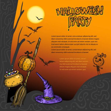 Balkabakları ve süpürgeler için yeri olan Cadılar Bayramı kartı