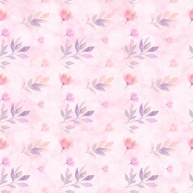 Açık pembe arka planda farklı suluboya unsurları olan modaya uygun, pürüzsüz bir desen..
