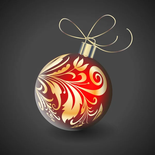 Vector image of a red Christmas ball in golden patterns on a gray background — Stock Vector