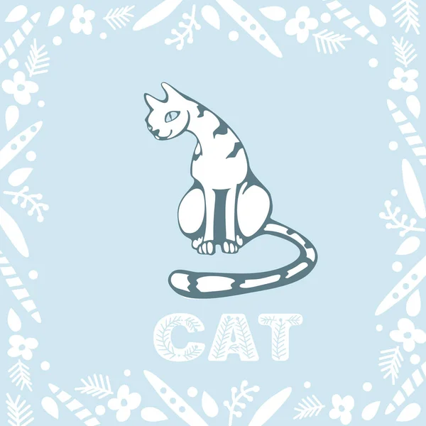 Vector image of a white cat with the cat logo and patterns on a white-blue background — Stock Vector