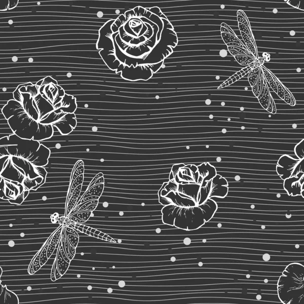 Vector image of white roses and dragonflies with balls on a black background. Seamless pattern with horizontal lines for wallpaper, textile. — ストックベクタ