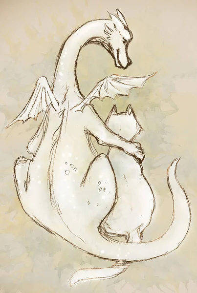 Dibujo a lápiz de un dragón y un gato sobre un fondo beige —  Fotos de Stock