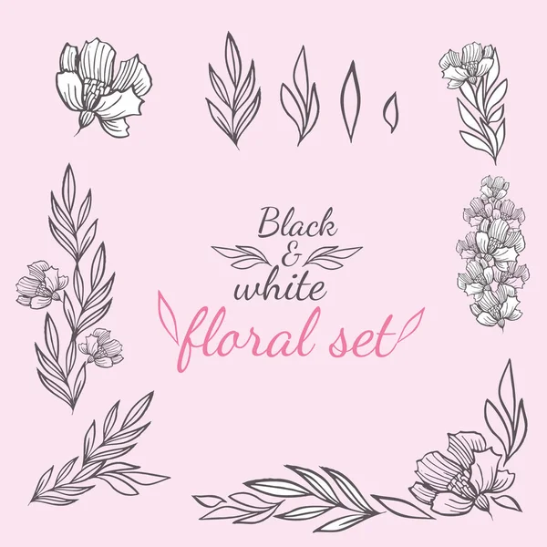 Vector bloemen set van verschillende elementen met bladeren, bloeiwijzen en stengels op een roze achtergrond en met de inscriptie "zwart-wit bloemen set" — Stockvector