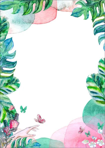 나비, 손, 매니큐어 로 카 아드 에 수직으로 인사하기 위한 수 채색 꽃무늬 — 스톡 사진