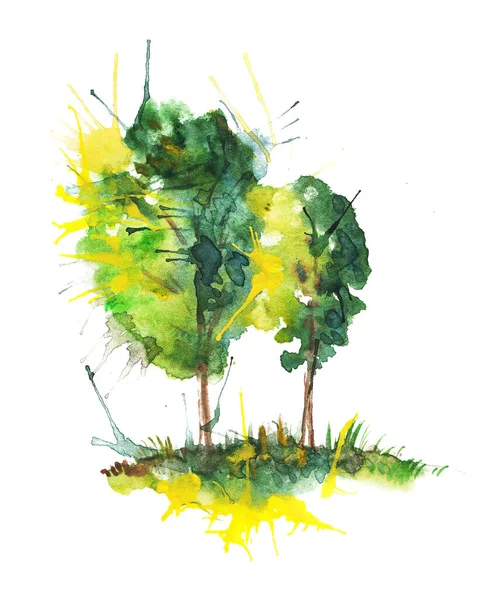 Акварельний малюнок двох яскравих дерев з плямами і бризками . — стокове фото