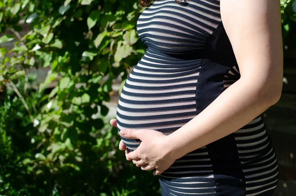 Foto van een zwangere vrouw in een gestreepte jurk. Zijaanzicht van de buik. In profiel. Handen op de buik — Stockfoto