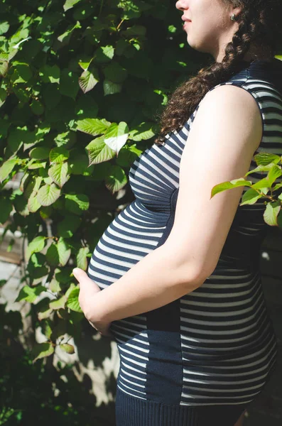 Photo of a pregnant woman in a striped dress, with a half face. Side view of the abdomen. In profile. Hands on the stomach. Against the background of greenery — Stock Photo, Image