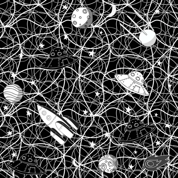 Vetor sem emenda abstrato fundo preto e branco com rabiscos, linhas, curvas, foguetes e planetas. Espaço e anos 60 —  Vetores de Stock