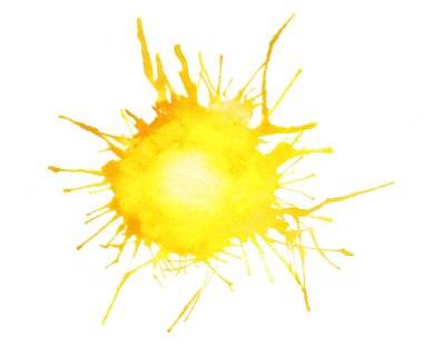 Beyaz arka planda izole edilmiş suluboya sarı leke. Güneşe benzeyen lekeler..