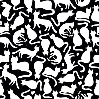 Şirin kedi deseni. Siyah ve beyaz vektör çizimi.