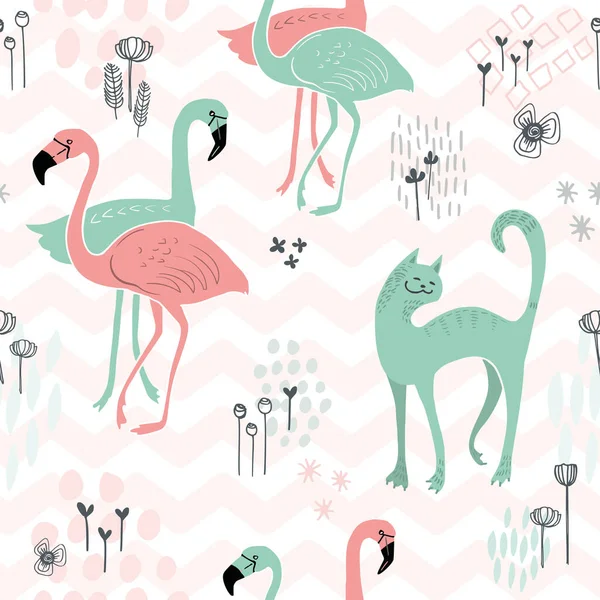 Animais Sem Costura Padrão Flamingos Multi Coloridos Gatos Fundo Branco —  Vetores de Stock