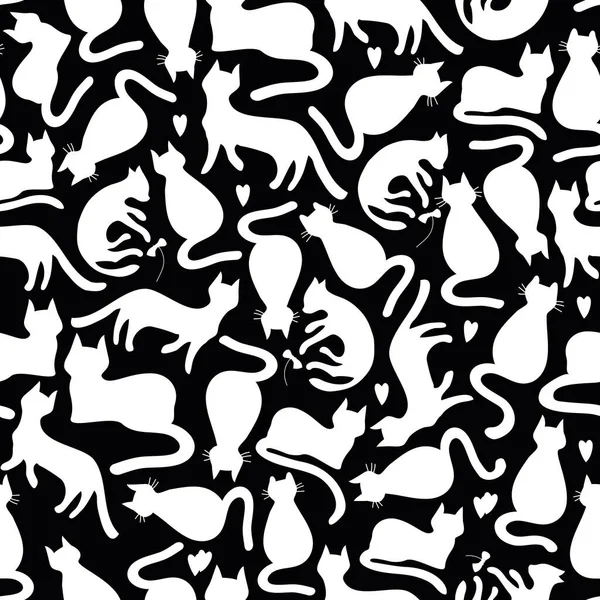 Niedliche Katzen Muster Schwarz Weiße Vektorillustration — Stockvektor