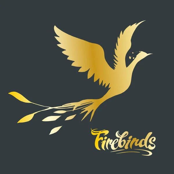 Imagen vectorial de una silueta dorada de un pájaro y la inscripción Firebirds — Vector de stock