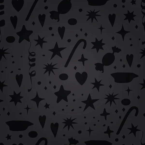 Векторный бесшовный темный фон со сладостями, лакричными палочками, звездами, сердцами и праздничными лентами — стоковый вектор
