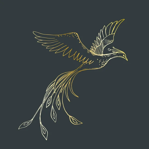 Vector afbeelding van een gouden silhouet van de vuurvogel op een donkere achtergrond — Stockvector