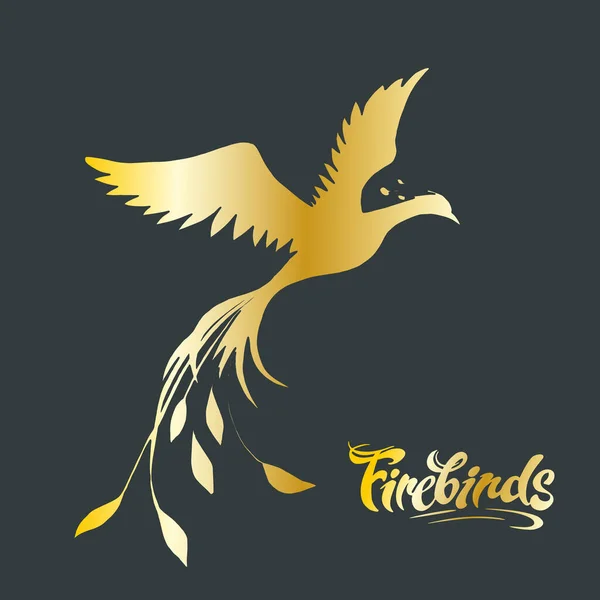 Imagen vectorial de una silueta dorada de un fénix sobre un fondo oscuro y la inscripción "Firebirds" — Vector de stock